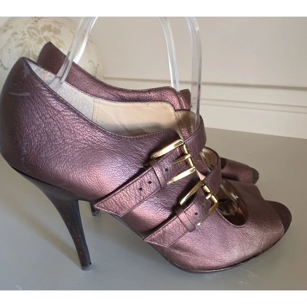 Michael Kors Bronze Metallic Leather Mary Jane's Buckle Peep Toe Heels 10M